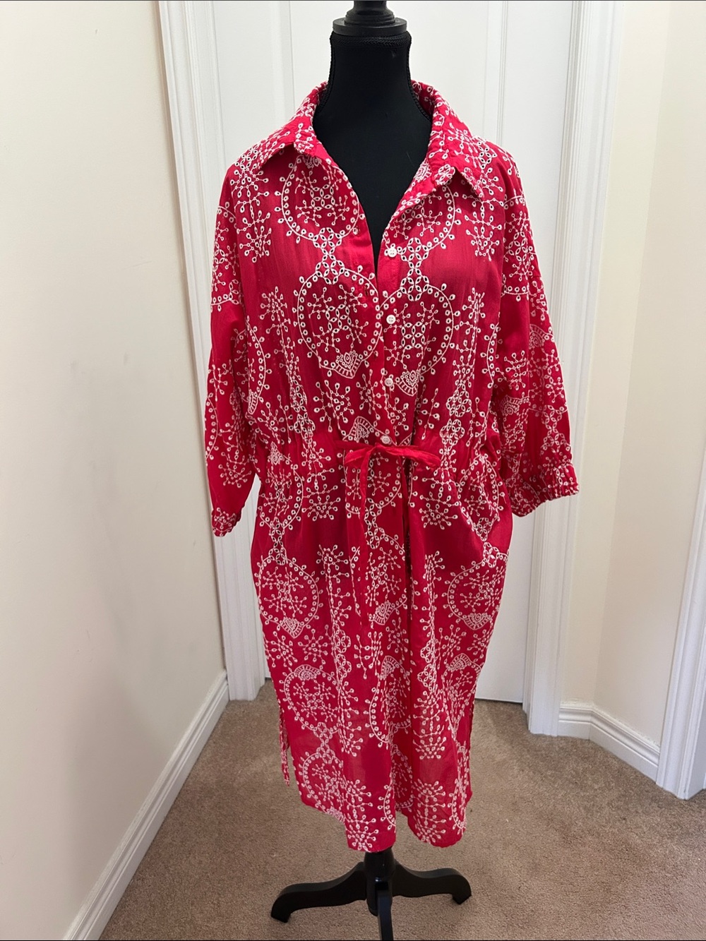 Zara eyelet Red & white Midi Shirt Dress with Tie Waist and button front